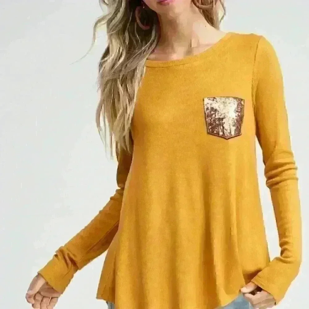 9. Mustard Thermal Top with Sequin Pocket and‎ Buttons - Picture 5 of 5